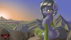 Size: 3840x2160 | Tagged: safe, alternate version, artist:tsaritsaluna, limestone pie, g4, blushing, clothes, farm, female, forest, high res, hill, looking at you, mare, mountain, river, scenery, sitting, socks, sunrise, town