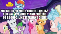 Size: 1024x576 | Tagged: safe, edit, edited screencap, editor:useraccount, screencap, applejack, cozy glow, fluttershy, pinkie pie, rainbow dash, rarity, spike, starlight glimmer, twilight sparkle, alicorn, dragon, pegasus, pony, g4, school raze, cozy glow drama, cozybuse, drama, evil, excessive exclamation marks, female, filly, image macro, mane seven, mane six, meme, mouthpiece, op is a duck, op is trying to start shit, pure concentrated unfiltered evil of the utmost potency, pure unfiltered evil, starlight drama, twilight sparkle (alicorn), winged spike, wings