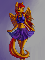 Size: 900x1200 | Tagged: safe, artist:derpifecalus, oc, oc only, oc:aurie startrail, anthro, beautiful, belly button, clothes, female, folded wings, mare, midriff, panties, red hair, see-through, see-through skirt, skirt, solo, tail, underwear, white underwear, wings, ych result