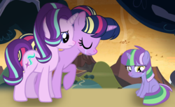 Size: 2260x1380 | Tagged: safe, artist:leanne264, starlight glimmer, twilight sparkle, oc, oc:violet light, alicorn, dracony, hybrid, pony, g4, crying, female, filly, interspecies offspring, mother and daughter, offspring, parent:spike, parent:twilight sparkle, parents:twispike, twilight sparkle (alicorn)