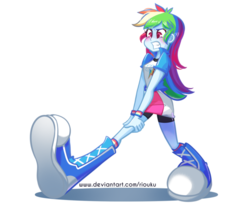 Size: 600x491 | Tagged: safe, artist:riouku, part of a set, rainbow dash, equestria girls, g4, big feet, blushing, boots, clothes, commission, compression shorts, female, fetish, foot growth, gritted teeth, growth, impossibly large feet, miniskirt, shoes, shorts, simple background, skirt, socks, solo, struggling, white background
