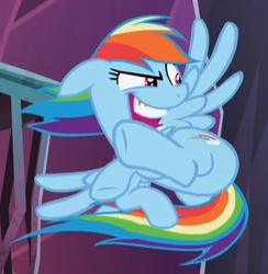 Size: 521x534 | Tagged: safe, screencap, rainbow dash, pegasus, pony, g4, school raze, cropped, faic, female, flying, great moments in animation, mare, rainbow dash is best facemaker, solo, this will end in pain, this will not end well
