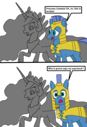 Size: 1444x2098 | Tagged: safe, artist:eagc7, princess celestia, alicorn, earth pony, pony, g4, my little pony: the movie, armor, comic, dialogue, female, male, nickelodeon, parody, petrification, royal guard, simple background, skewed priorities, spongebob squarepants, stallion, text, the spongebob squarepants movie, transparent background