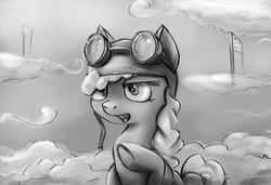 Size: 2169x1487 | Tagged: safe, artist:cookiedesu, cherry berry, earth pony, pony, g4, aviator hat, cloud, female, goggles, hat, mare, monochrome, raised hoof, sky, solo