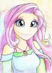Size: 666x940 | Tagged: safe, artist:astevenamedwolf, fluttershy, equestria girls, g4, geode of fauna, looking at you, magical geodes, smiling, traditional art
