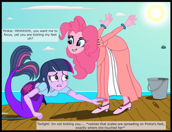 Size: 2904x2235 | Tagged: safe, artist:physicrodrigo, edit, editor:rmzero, part of a set, pinkie pie, twilight sparkle, mermaid, series:equestria mermaids, equestria girls, g4, clothes, cloud, cosplay, costume, crawling, curse, cursed, cutie mark, day, dialogue, dr. wily, dress, duo, duo female, female, high res, mermaidized, ocean, pail, part of a series, scales, shoes, species swap, text, transformation