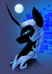 Size: 2480x3508 | Tagged: safe, alternate version, artist:underpable, nightmare moon, alicorn, pony, g4, 404, abstract background, armor, blue screen of death, bust, female, full moon, helmet, high res, http status code, looking at you, mare, moon, smiling, smirk, solo