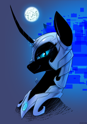 Size: 2480x3508 | Tagged: safe, alternate version, artist:underpable, nightmare moon, alicorn, pony, g4, abstract background, armor, female, full moon, helmet, high res, mare, moon, smiling, smirk, solo