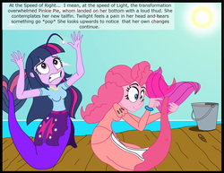 Size: 2892x2230 | Tagged: safe, artist:physicrodrigo, edit, editor:rmzero, part of a set, pinkie pie, twilight sparkle, angler fish, mermaid, series:equestria mermaids, equestria girls, g4, clothes, curse, cursed, cutie mark, day, dialogue, dress, duo, duo female, female, high res, mermaidized, ocean, pail, part of a series, scales, species swap, text, transformation