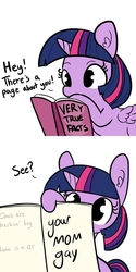 Size: 512x1024 | Tagged: safe, artist:tjpones edits, edit, twilight sparkle, alicorn, pony, g4, 2 panel comic, book, comic, cute, drawing, facts, female, heck, implied princess luna, mare, meme, twilight sparkle (alicorn), very true facts, your mom, your mom gay