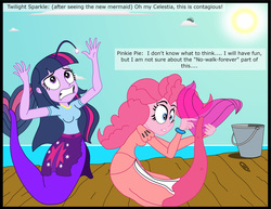 Size: 2892x2230 | Tagged: safe, artist:physicrodrigo, edit, editor:rmzero, part of a set, pinkie pie, twilight sparkle, angler fish, mermaid, series:equestria mermaids, equestria girls, g4, clothes, curse, cursed, cutie mark, day, dialogue, dr. wily, dress, duo, duo female, female, high res, mermaidized, ocean, pail, part of a series, scales, species swap, text, transformation