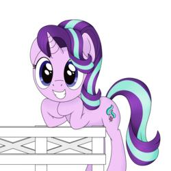 Size: 1538x1541 | Tagged: safe, alternate version, artist:noosa, starlight glimmer, pony, unicorn, g4, cute, female, fence, glimmerbetes, grin, mare, simple background, smiling, solo, white background