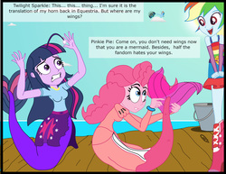Size: 2770x2136 | Tagged: safe, artist:physicrodrigo, edit, editor:rmzero, part of a set, pinkie pie, rainbow dash, twilight sparkle, angler fish, mermaid, series:equestria mermaids, equestria girls, g4, boots, clothes, curse, cursed, cutie mark, day, dialogue, dr. wily, dress, high res, mermaidized, ocean, pail, part of a series, scales, self ponidox, shoes, species swap, text, transformation