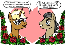 Size: 594x414 | Tagged: safe, artist:gingerfoxy, filthy rich, trenderhoof, earth pony, pony, unicorn, pony couple generator, g4, filthyhoof, flower, gay, heart, infidelity, male, rose, shipping, stallion