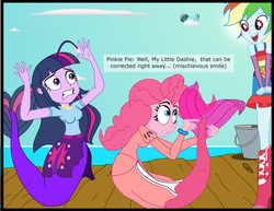 Size: 2770x2136 | Tagged: safe, artist:physicrodrigo, edit, editor:rmzero, part of a set, pinkie pie, rainbow dash, twilight sparkle, angler fish, mermaid, series:equestria mermaids, equestria girls, g4, boots, clothes, curse, cursed, cutie mark, day, dialogue, dr. wily, dress, high res, mermaidized, ocean, pail, part of a series, scales, self ponidox, shoes, species swap, text, transformation