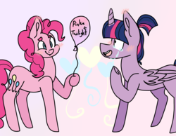 Size: 2700x2100 | Tagged: safe, artist:arrow-bow, pinkie pie, twilight sparkle, alicorn, earth pony, pony, g4, balloon, blushing, crying, female, high res, hoof hold, lesbian, mare, raised hoof, ship:twinkie, shipping, smiling, tears of joy, twilight sparkle (alicorn)