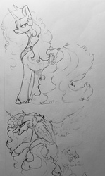 Size: 761x1280 | Tagged: safe, artist:greyscaleart, princess celestia, alicorn, pony, g4, female, grayscale, lidded eyes, looking at you, looking back, looking back at you, mare, monochrome, raised hoof, simple background, sitting, solo, spread wings, traditional art, wings