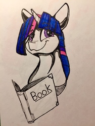 Size: 960x1280 | Tagged: safe, artist:greyscaleart, twilight sparkle, pony, g4, book, bust, female, mare, partial color, simple background, solo, traditional art