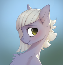 Size: 1245x1290 | Tagged: safe, artist:vistamage, limestone pie, earth pony, pony, g4, blushing, bust, cute, female, gradient background, limabetes, mare, portrait, smiling