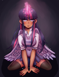 Size: 2975x3850 | Tagged: safe, artist:mylittleyuri, twilight sparkle, alicorn, human, g4, clothes, crying, dark background, digital art, high res, horn, humanized, looking at you, sad, socks, thigh highs, twilight sparkle (alicorn), wings