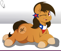 Size: 4552x3816 | Tagged: safe, artist:phyll, oc, oc only, oc:chilenia, earth pony, pony, chile, crossed arms, fanart, female, looking at you, lying down, mare, nation ponies, one eye closed, open mouth, ponified, simple background, smiling, solo, white background, wink