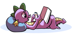 Size: 2006x984 | Tagged: safe, artist:gsphere, spike, dragon, derpibooru, g4, book, cellphone, derpibooruception, male, meta, phone, simple background, smiling, wrong eye color