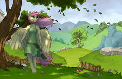 Size: 1024x666 | Tagged: safe, artist:joan-grace, fluttershy, pegasus, anthro, unguligrade anthro, g4, clothes, female, mare, outdoors, scenery, smiling, tree, under the tree