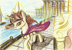 Size: 2336x1644 | Tagged: safe, artist:pedrohander, oc, oc only, oc:gray compass, pony, unicorn, cape, clothes, solo, traditional art