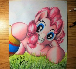 Size: 3514x3161 | Tagged: safe, artist:uliovka, pinkie pie, earth pony, pony, g4, ball, female, grass, high res, solo, traditional art