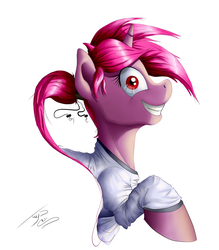 Size: 1400x1600 | Tagged: safe, artist:uliovka, oc, oc only, oc:metralla, pony, unicorn, clothes, female, shirt, simple background, solo, white background