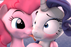 Size: 720x480 | Tagged: safe, artist:hellhounds04, pinkie pie, rarity, earth pony, pony, unicorn, g4, 3d, animated, blushing, duo, face licking, female, gif, lesbian, licking, mare, mlem, ship:raripie, shipping, shrunken pupils, silly, source filmmaker, tongue out, wat