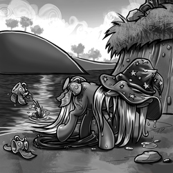 Size: 1000x1000 | Tagged: safe, artist:harwick, trixie, biteacuda, fish, pony, unicorn, g4, atg 2018, clothes, cup, female, floppy ears, grayscale, hat, inner tube, mare, monochrome, newbie artist training grounds, solo, teacup, trixie's hat, water, wet, wet mane
