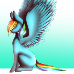 Size: 3000x3000 | Tagged: safe, artist:oceandream0, rainbow dash, pegasus, pony, g4, eyes closed, female, hair over one eye, high res, mare, missing cutie mark, sitting, solo, spread wings, wings