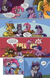 Size: 1024x1583 | Tagged: safe, artist:leavingcrow, applejack, maud pie, pinkie pie, rainbow dash, rarity, sweetie belle, twilight sparkle, alicorn, pony, comic:gemmed rarity, g4, comic, impossibly long neck, spit take, table, twilight sparkle (alicorn)