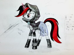 Size: 740x555 | Tagged: safe, artist:night fury, oc, oc only, oc:blackjack, pony, unicorn, fallout equestria, fallout equestria: project horizons, clothes, fanfic, fanfic art, female, glowing horn, gun, hooves, horn, levitation, magic, mare, optical sight, pipbuck, rifle, sniper rifle, solo, telekinesis, traditional art, weapon, wip