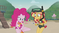 Size: 1280x720 | Tagged: safe, screencap, pinkie pie, sunset shimmer, equestria girls, equestria girls series, g4, unsolved selfie mysteries, animated, beach shorts swimsuit, clothes, eye contact, female, frown, gasp, geode of empathy, geode of shielding, goggles, grin, gritted teeth, looking at each other, magical geodes, open mouth, smiling, snorkel, sound, squee, sunset shimmer's beach shorts swimsuit, swimsuit, talking, webm, wide eyes