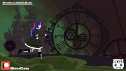 Size: 850x478 | Tagged: safe, artist:minusclass, twilight sparkle, equestria girls, g4, alice: madness returns, animated, clock, clothes, dress, female, running, solo
