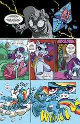 Size: 1024x1583 | Tagged: safe, artist:leavingcrow, pinkie pie, rainbow dash, rarity, earth pony, pegasus, pony, comic:gemmed rarity, g4, cloud, comic, crying, ocular gushers, party cannon, shattered, stretching