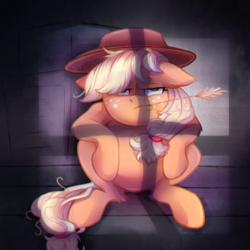 Size: 1200x1200 | Tagged: safe, artist:jumblehorse, artist:v747, applejack, earth pony, pony, g4, collaboration, cowboy hat, female, hat, male, mare, slav squat, solo, stallion, stetson, straw in mouth