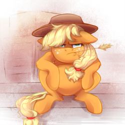 Size: 1200x1200 | Tagged: safe, artist:jumblehorse, artist:v747, applejack, earth pony, pony, g4, collaboration, cowboy hat, female, hat, mare, slav squat, solo, stetson, straw in mouth