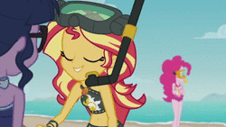 Size: 1280x720 | Tagged: safe, screencap, pinkie pie, sci-twi, sunset shimmer, twilight sparkle, equestria girls, g4, my little pony equestria girls: better together, unsolved selfie mysteries, animated, beach shorts swimsuit, belly button, clothes, female, midriff, sound, sunset shimmer's beach shorts swimsuit, swimsuit, talking, webm