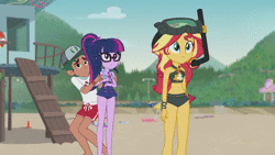 Size: 1280x720 | Tagged: safe, screencap, sci-twi, sunset shimmer, timber spruce, twilight sparkle, equestria girls, g4, my little pony equestria girls: better together, unsolved selfie mysteries, animated, beach shorts swimsuit, clothes, embarrassed, geode of empathy, geode of telekinesis, lifeguard timber, ponytail, snorkel, sound, sunset shimmer's beach shorts swimsuit, swimsuit, webm, whistling