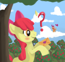 Size: 1128x1077 | Tagged: safe, artist:veobandit, apple bloom, scootaloo, earth pony, pegasus, pony, g4, apple tree, blushing, cloud, cute, female, filly, heart, lesbian, letter, love letter, question mark, ship:scootabloom, shipping, sky, smiling, tree