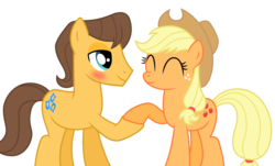 Size: 5094x3080 | Tagged: safe, artist:meandmyideas, edit, applejack, caramel, g4, bedroom eyes, blushing, eyes closed, female, holding hooves, male, ship:carajack, shipping, simple background, straight, transparent background, vector