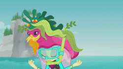 Size: 1280x720 | Tagged: safe, screencap, fluttershy, equestria girls, equestria girls series, g4, unsolved selfie mysteries, animated, clothes, dive mask, female, floaty, fluttershy's wetsuit, rock horse, snorkel, solo, sound, swimsuit, webm, wet, wet hair, wetsuit