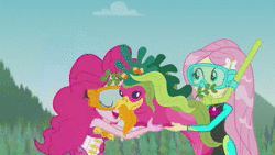 Size: 1280x720 | Tagged: safe, screencap, fluttershy, pinkie pie, equestria girls, g4, my little pony equestria girls: better together, unsolved selfie mysteries, animated, clothes, cute, diapinkes, duo, female, floaty, fluttershy's wetsuit, geode of fauna, geode of sugar bombs, sound, swimsuit, webm, wetsuit