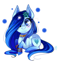 Size: 600x624 | Tagged: safe, artist:ipun, oc, oc only, oc:stikke, earth pony, pony, bracelet, chibi, collar, female, flower, flower in hair, heart eyes, jewelry, mare, prone, simple background, solo, transparent background, watermark, wingding eyes