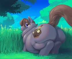 Size: 1280x1056 | Tagged: safe, artist:accidentalaesthetics, oc, oc only, oc:rockall, pony, belly, bhm, big belly, butt, fat, grass, grazing, large butt, looking back, male, morbidly obese, neck roll, obese, plot, rolls of fat, scenery, solo, tree
