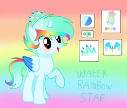 Size: 2912x2472 | Tagged: dead source, safe, artist:rainbows-skies, oc, oc only, oc:water star, alicorn, pony, crown, high res, jewelry, male, reference sheet, regalia, solo, stallion