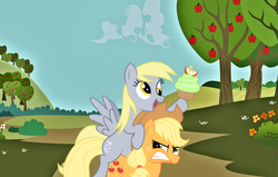 Size: 1024x651 | Tagged: safe, artist:danleman14, edit, applejack, derpy hooves, g4, angry, apple tree, cupcake, derpy riding applejack, food, ponies riding ponies, riding, tree